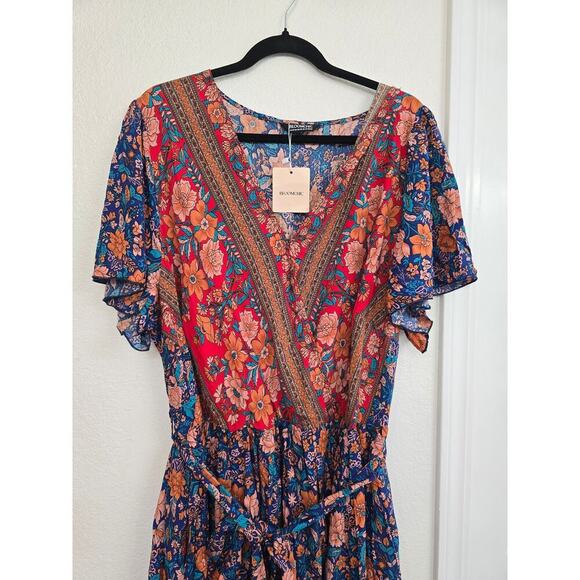 NWT Bloomchic Plus Sz 22-24 Bandana V-neck Pocket Belted Flutter Hem Maxi Boho - Picture 6 of 13